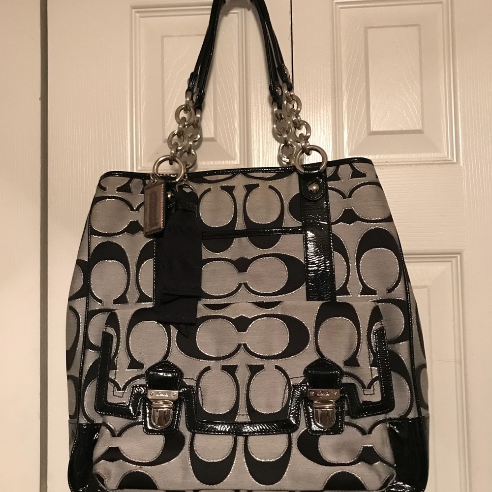 Coach Signature Jacquard Patent Leather Trim Tote